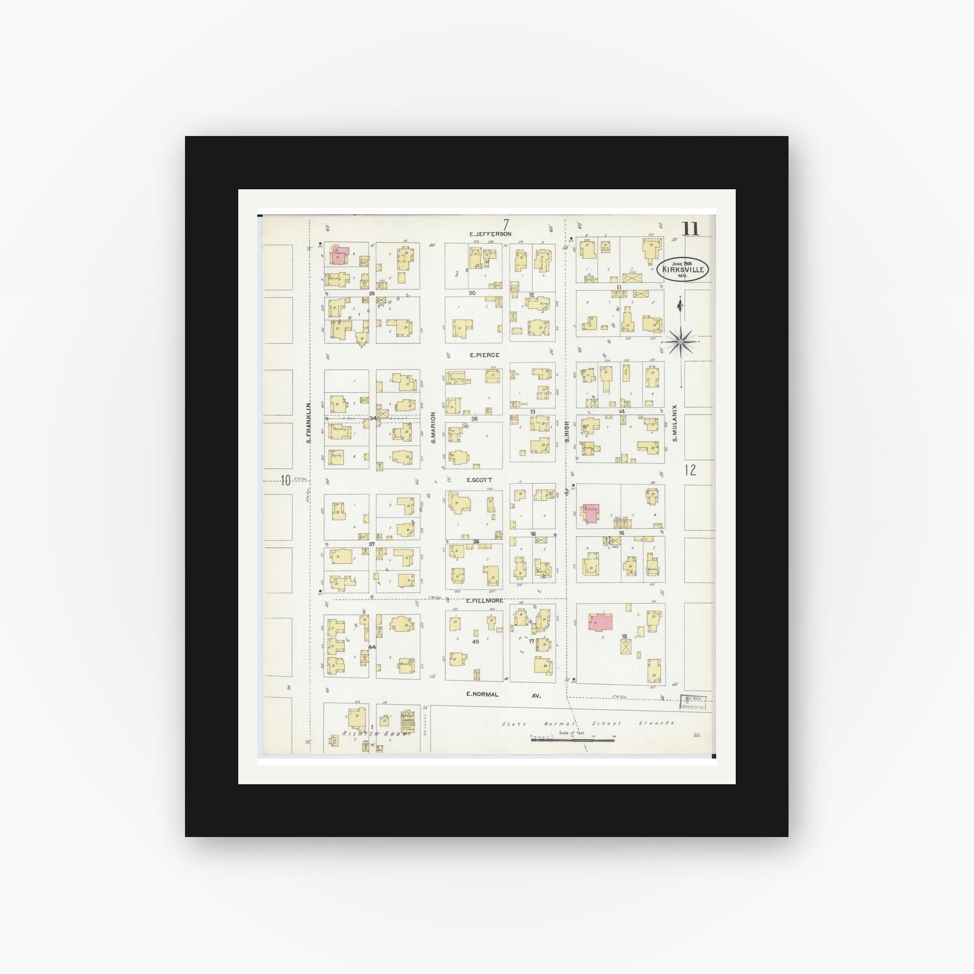 Old map wall art mockup — black gallery frame with white mat — Sanborn Fire Insurance Map from Kirksville, Adair County, Missouri (1906), Sheet #0011
