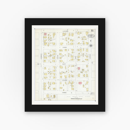 Old map wall art mockup — black gallery frame with white mat — Sanborn Fire Insurance Map from Kirksville, Adair County, Missouri (1906), Sheet #0011