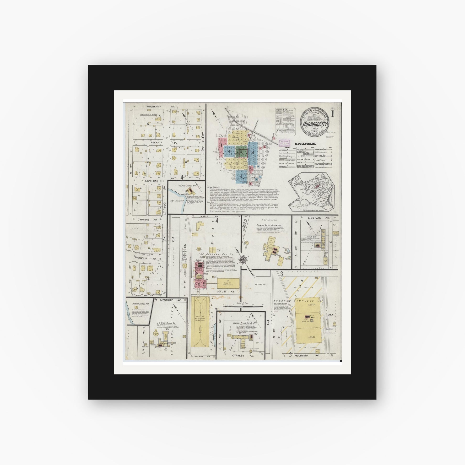 Old map wall art mockup — black gallery frame with white mat — Sanborn Fire Insurance Map from Hubbard, Hill County, Texas (1916), Sheet #0001