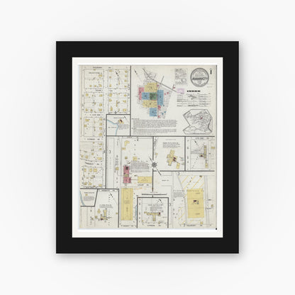 Old map wall art mockup — black gallery frame with white mat — Sanborn Fire Insurance Map from Hubbard, Hill County, Texas (1916), Sheet #0001
