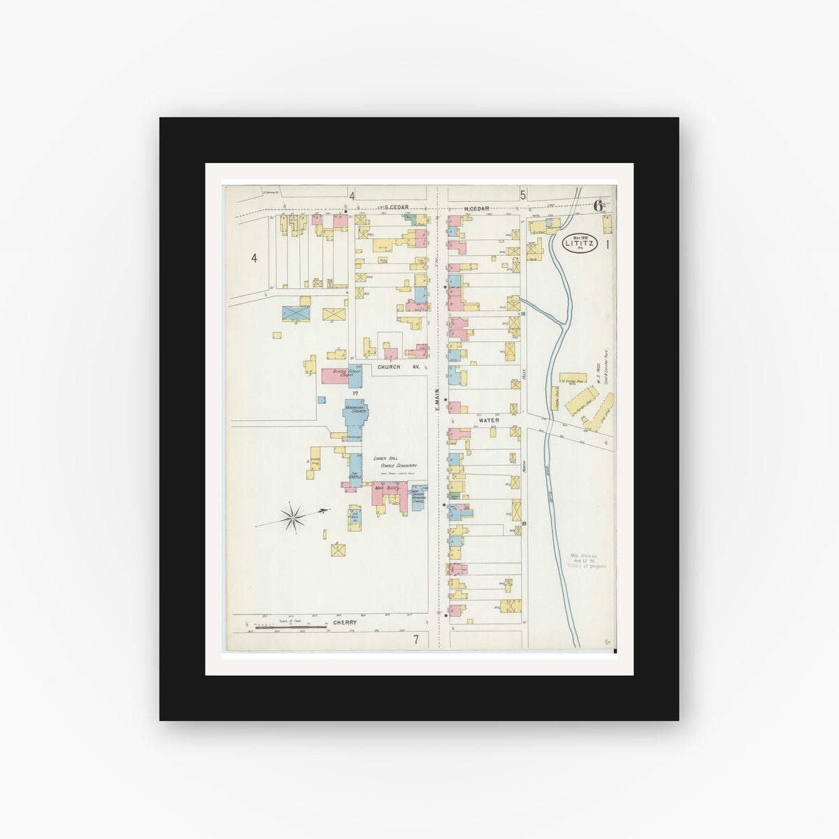 Old map wall art mockup — black gallery frame with white mat — Sanborn Fire Insurance Map from Lititz, Lancaster County, Pennsylvania (1898), Sheet #0006