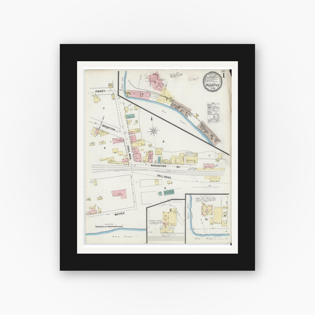 Old map wall art mockup — black gallery frame with white mat — Sanborn Fire Insurance Map from Rochester, Beaver County, Pennsylvania (1892), Sheet #0001