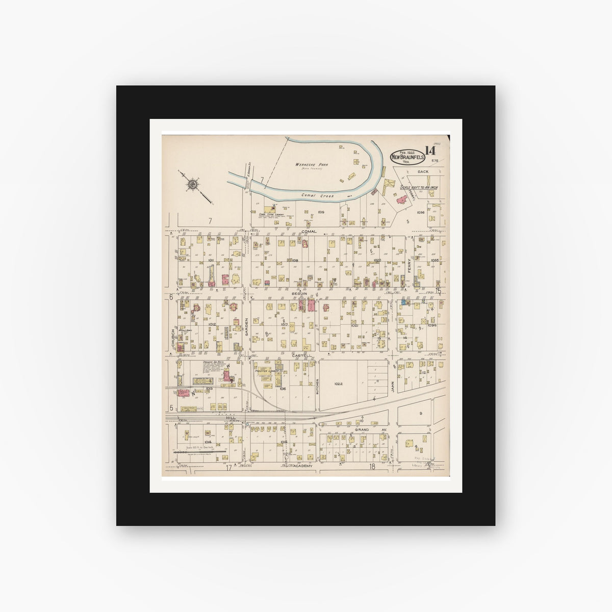 Old map wall art mockup — black gallery frame with white mat — Sanborn Fire Insurance Map from New Braunfels, Comal County, Texas (1922), Sheet #0014