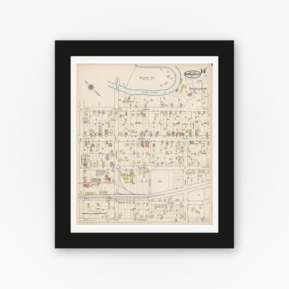 Old map wall art mockup — black gallery frame with white mat — Sanborn Fire Insurance Map from New Braunfels, Comal County, Texas (1922), Sheet #0014