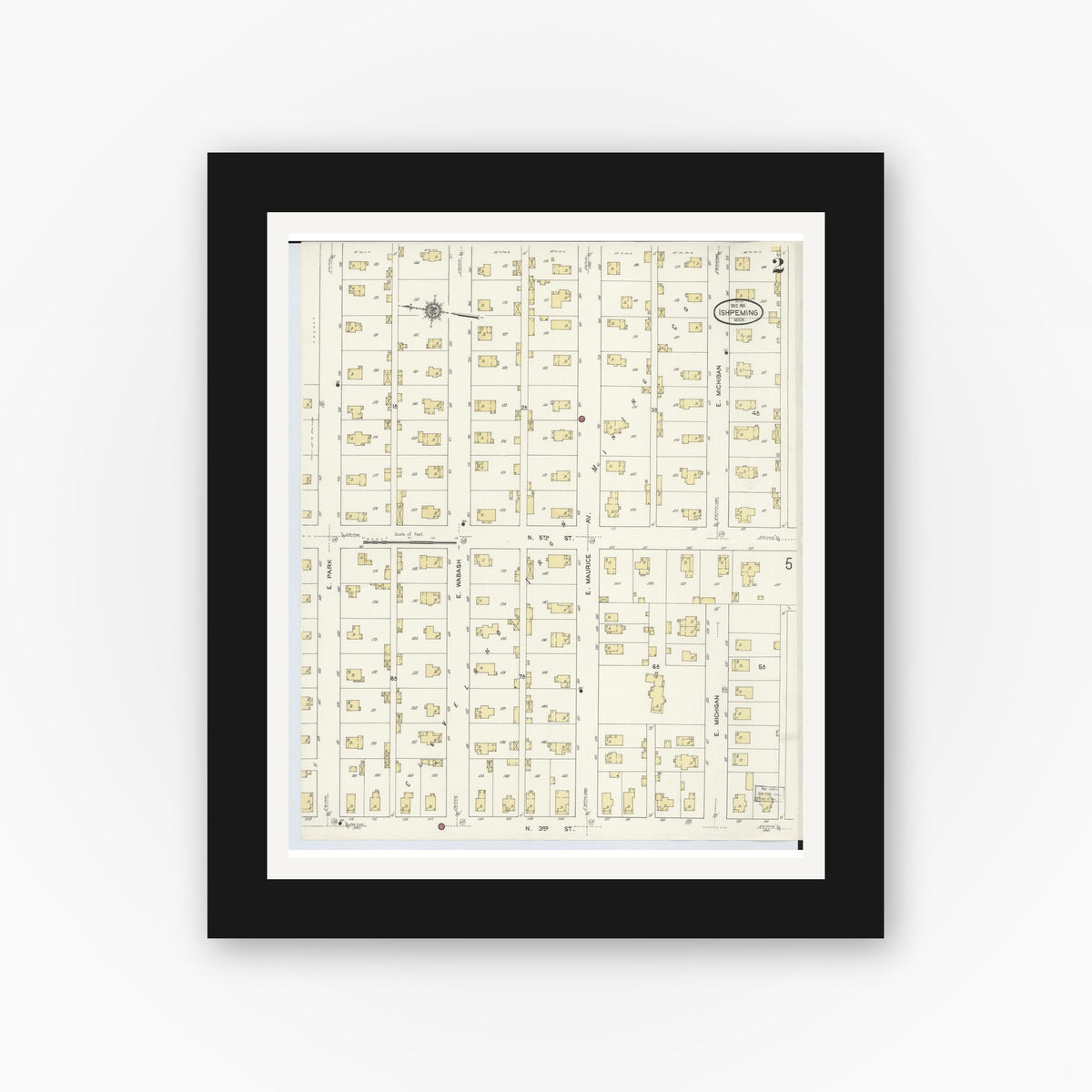 Old map wall art mockup — black gallery frame with white mat — Sanborn Fire Insurance Map from Ishpeming, Marquette County, Michigan (1911), Sheet #0002