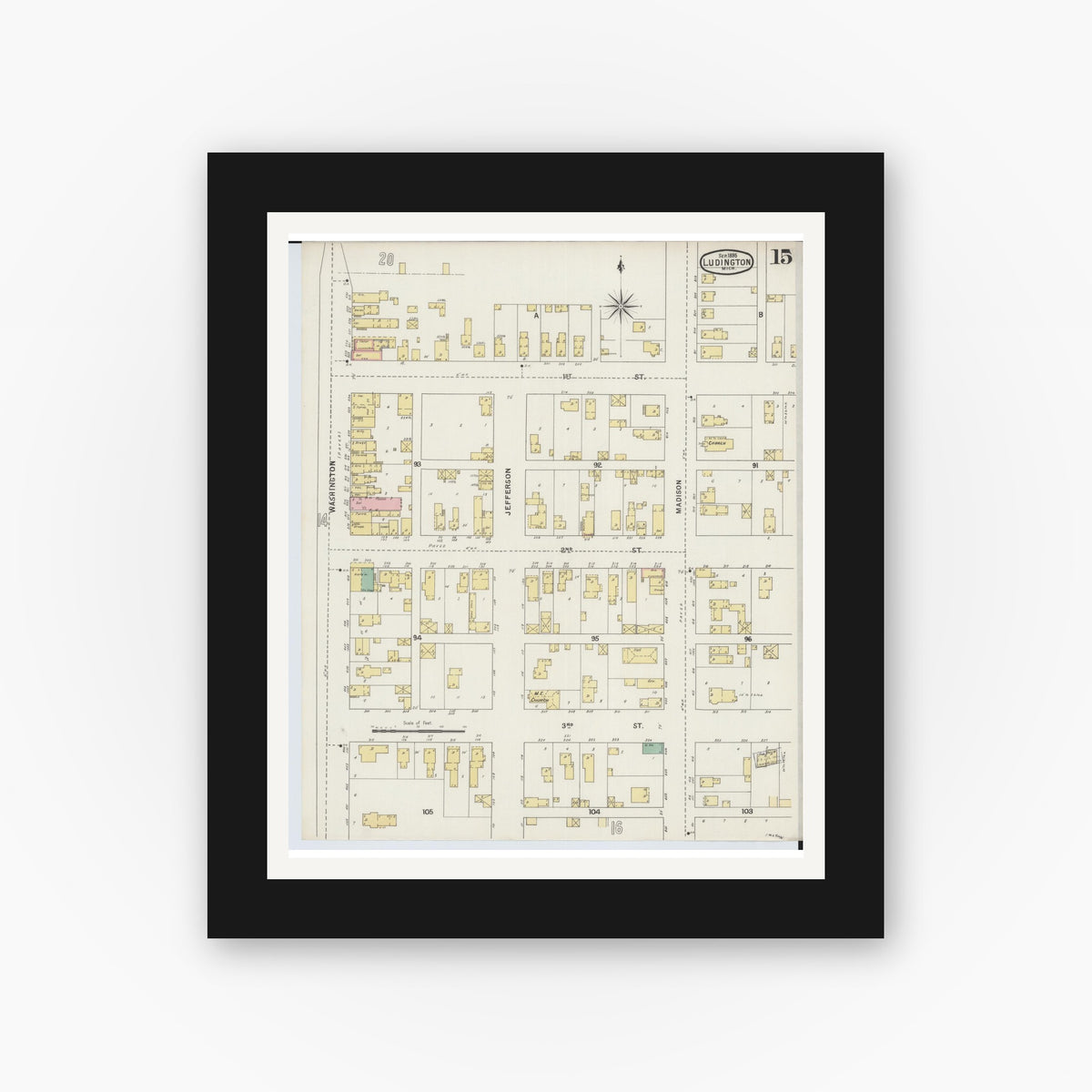 Old map wall art mockup — black gallery frame with white mat — Sanborn Fire Insurance Map from Ludington, Mason County, Michigan (1895), Sheet #0015