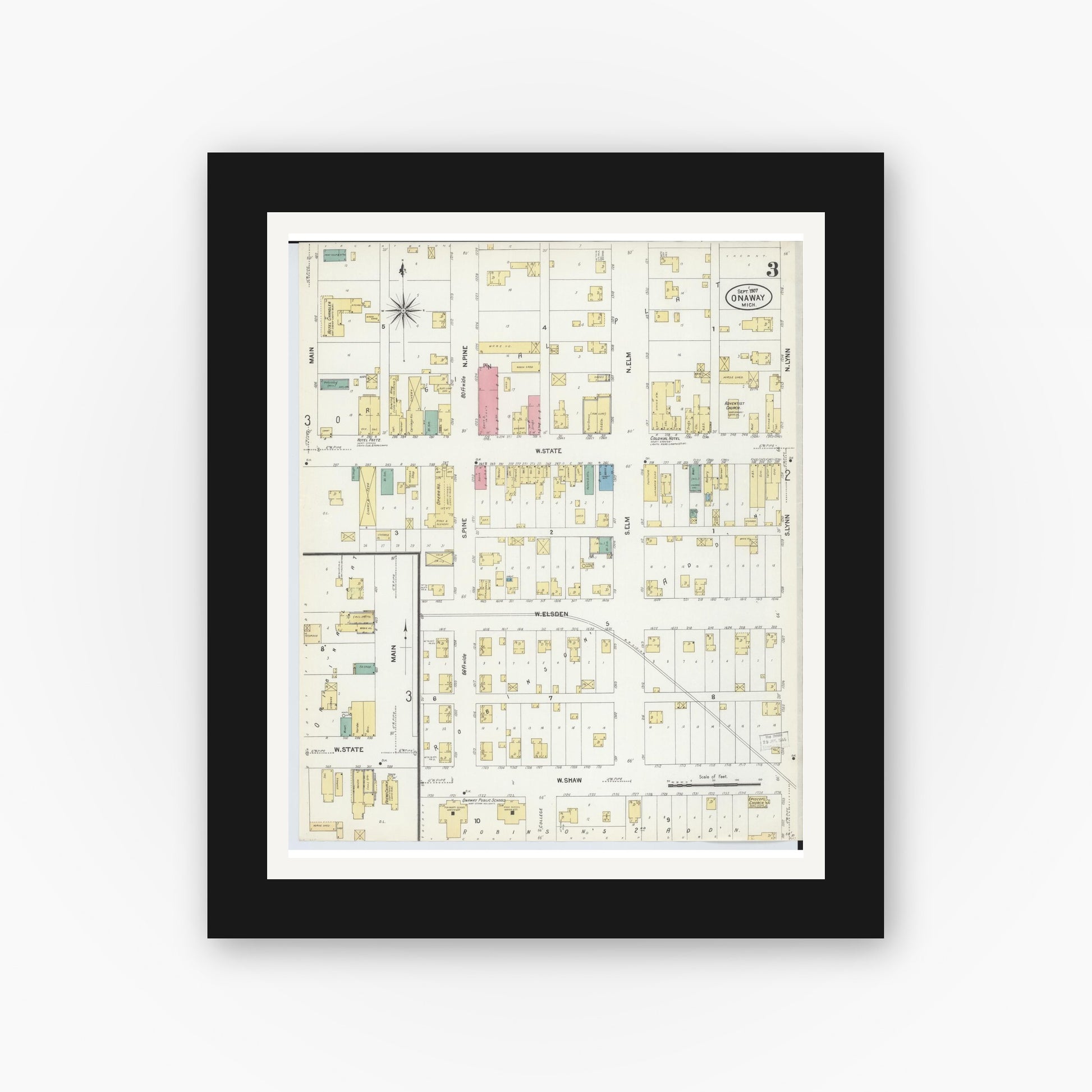 Old map wall art mockup — black gallery frame with white mat — Sanborn Fire Insurance Map from Onaway, Presque Isle County, Michigan (1907), Sheet #0003