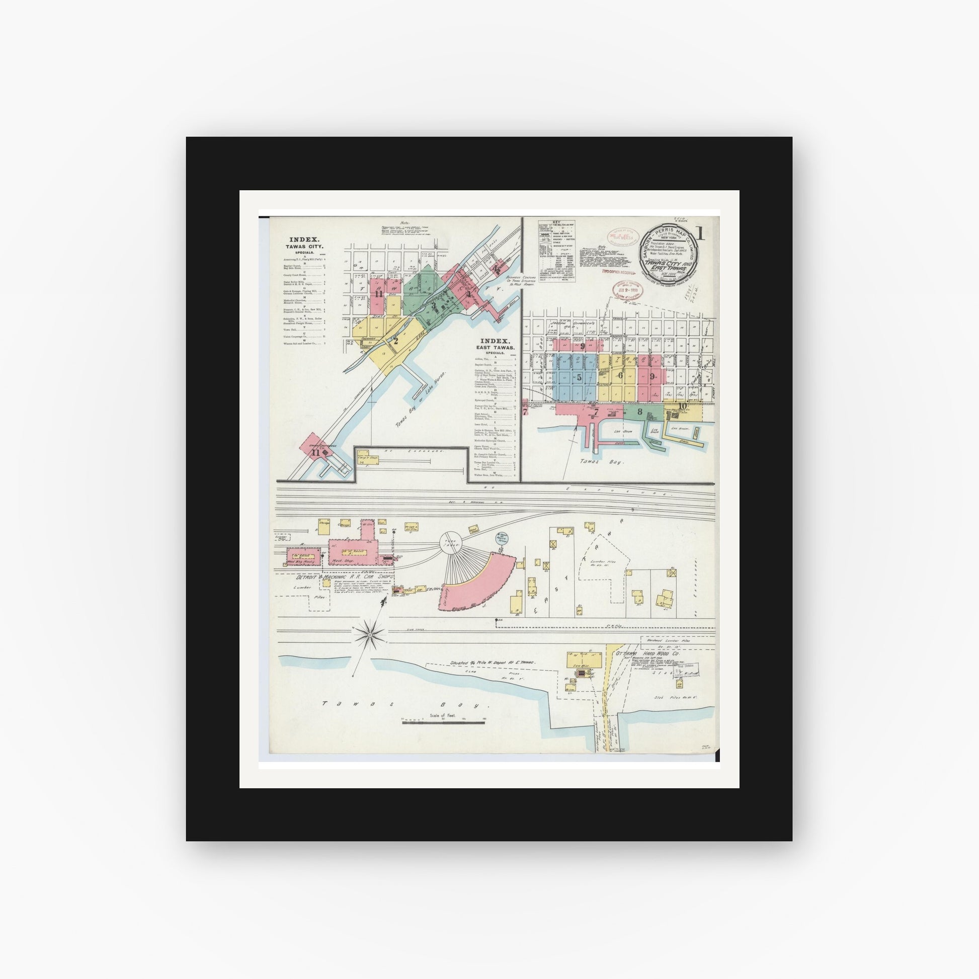 Old map wall art mockup — black gallery frame with white mat — Sanborn Fire Insurance Map from Tawas City, Iosco County, Michigan (1898), Sheet #0001