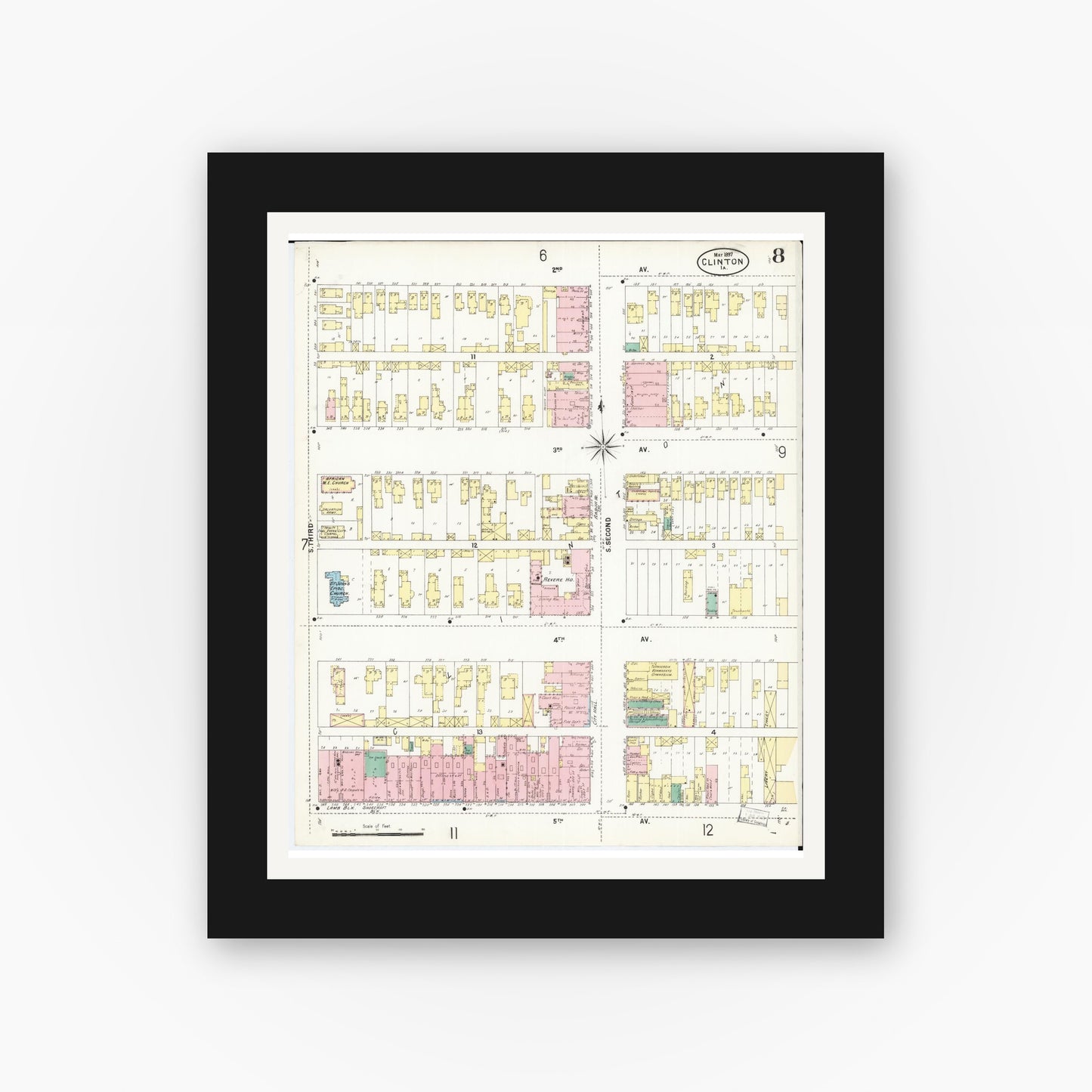 Old map wall art mockup — black gallery frame with white mat — Sanborn Fire Insurance Map from Clinton, Clinton County, Iowa (1897), Sheet #0008