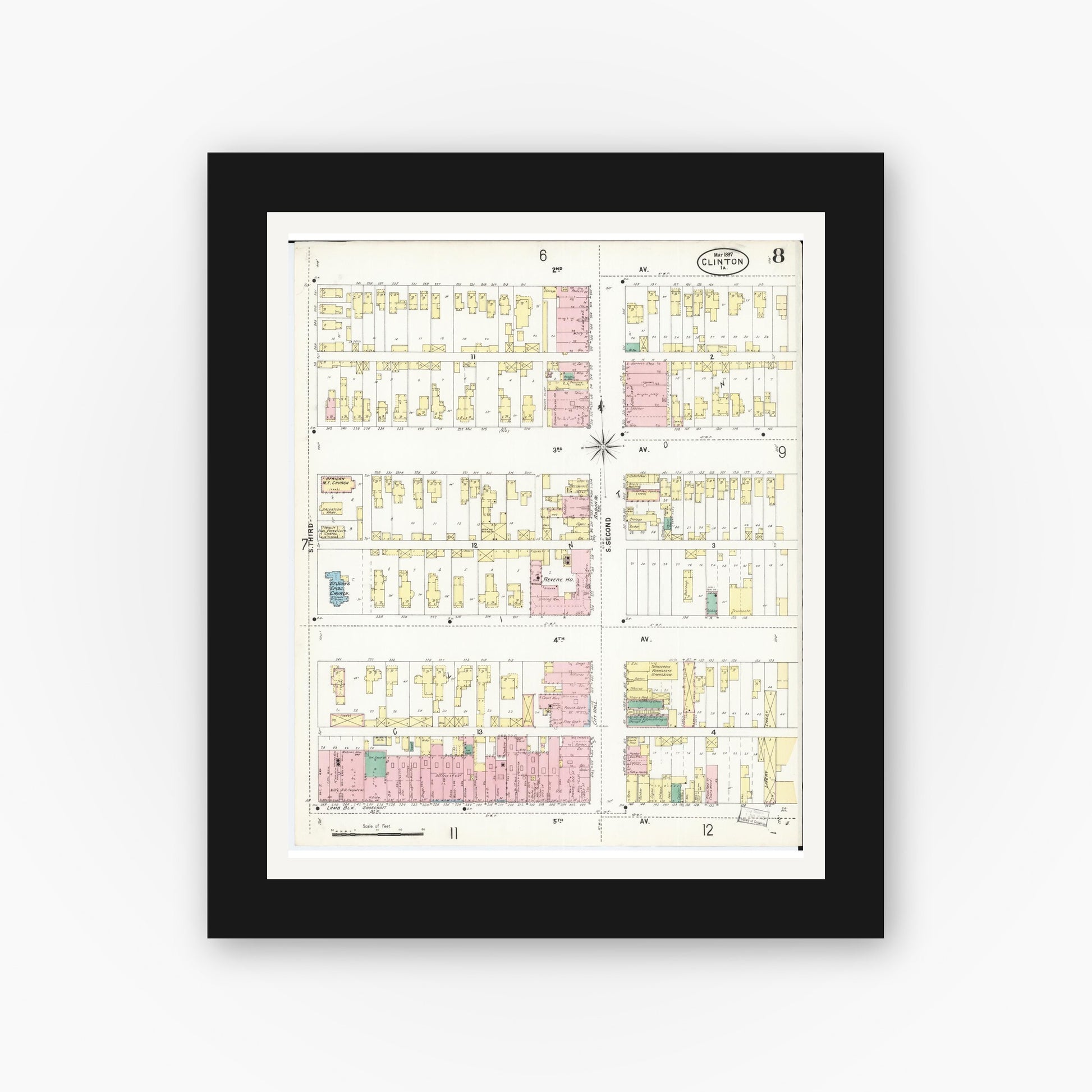Old map wall art mockup — black gallery frame with white mat — Sanborn Fire Insurance Map from Clinton, Clinton County, Iowa (1897), Sheet #0008