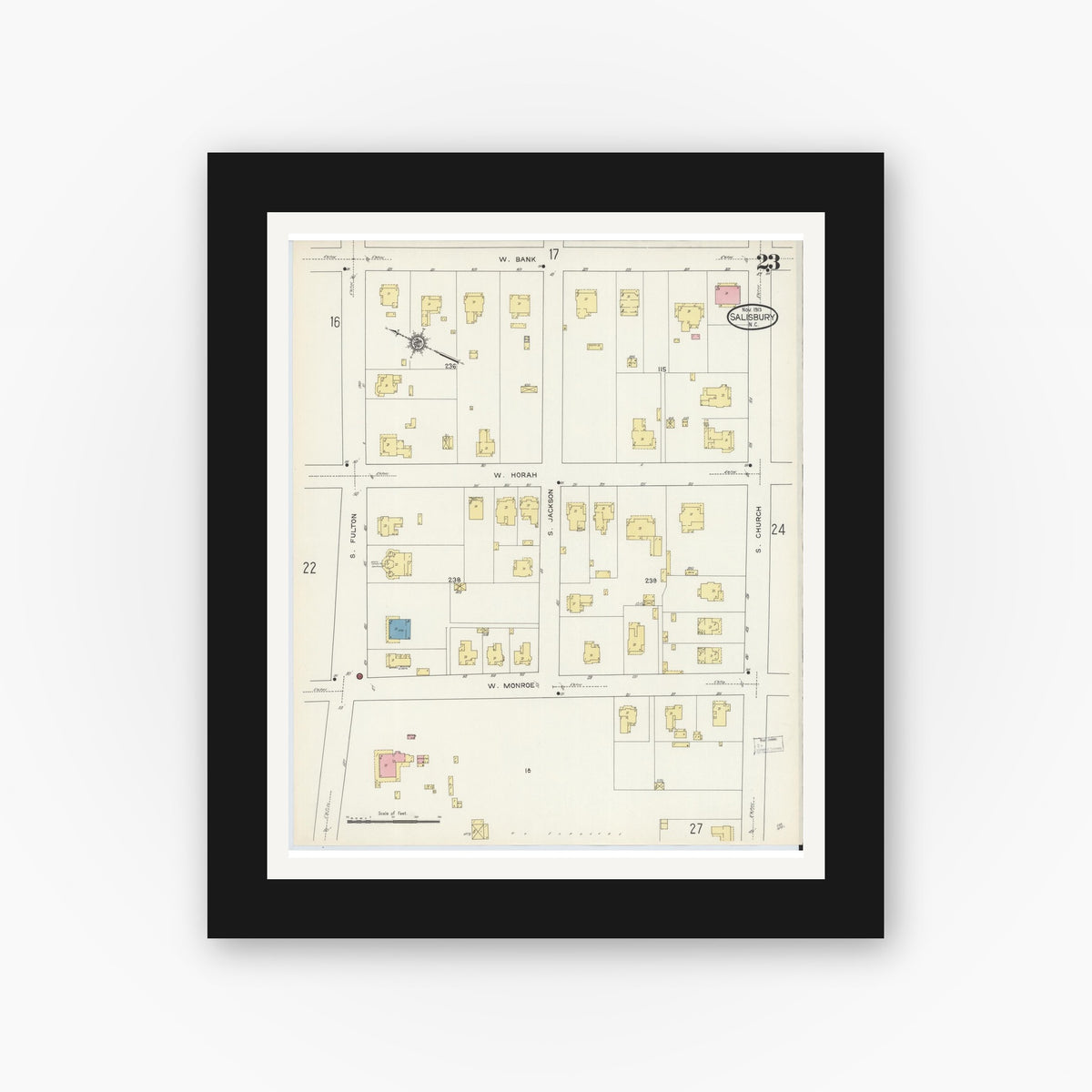 Old map wall art mockup — black gallery frame with white mat — Sanborn Fire Insurance Map from Salisbury, Rowan County, North Carolina (1913), Sheet #0023