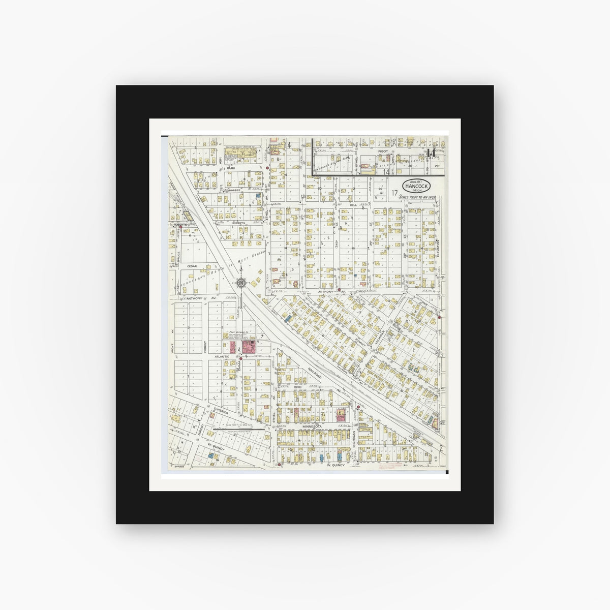 Old map wall art mockup — black gallery frame with white mat — Sanborn Fire Insurance Map from Hancock, Houghton County, Michigan (1917), Sheet #0014