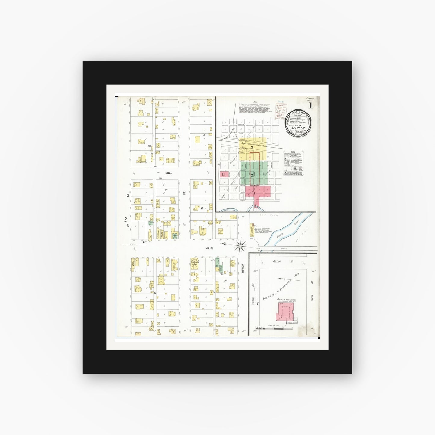 Old map wall art mockup — black gallery frame with white mat — Sanborn Fire Insurance Map from Spencer, Clay County, Iowa (1900), Sheet #0001