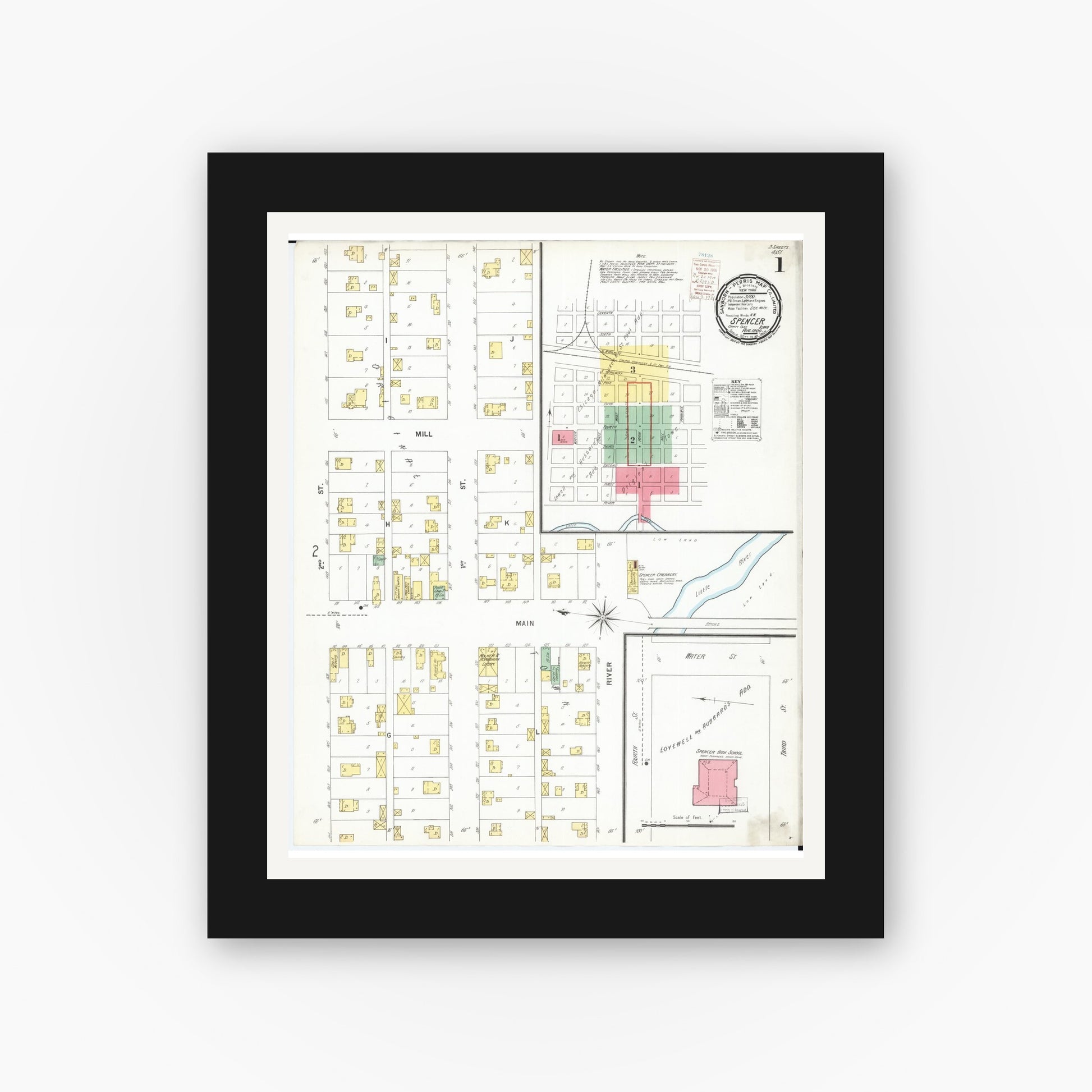 Old map wall art mockup — black gallery frame with white mat — Sanborn Fire Insurance Map from Spencer, Clay County, Iowa (1900), Sheet #0001