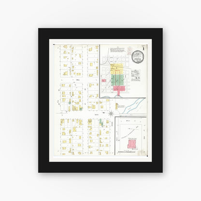 Old map wall art mockup — black gallery frame with white mat — Sanborn Fire Insurance Map from Spencer, Clay County, Iowa (1900), Sheet #0001