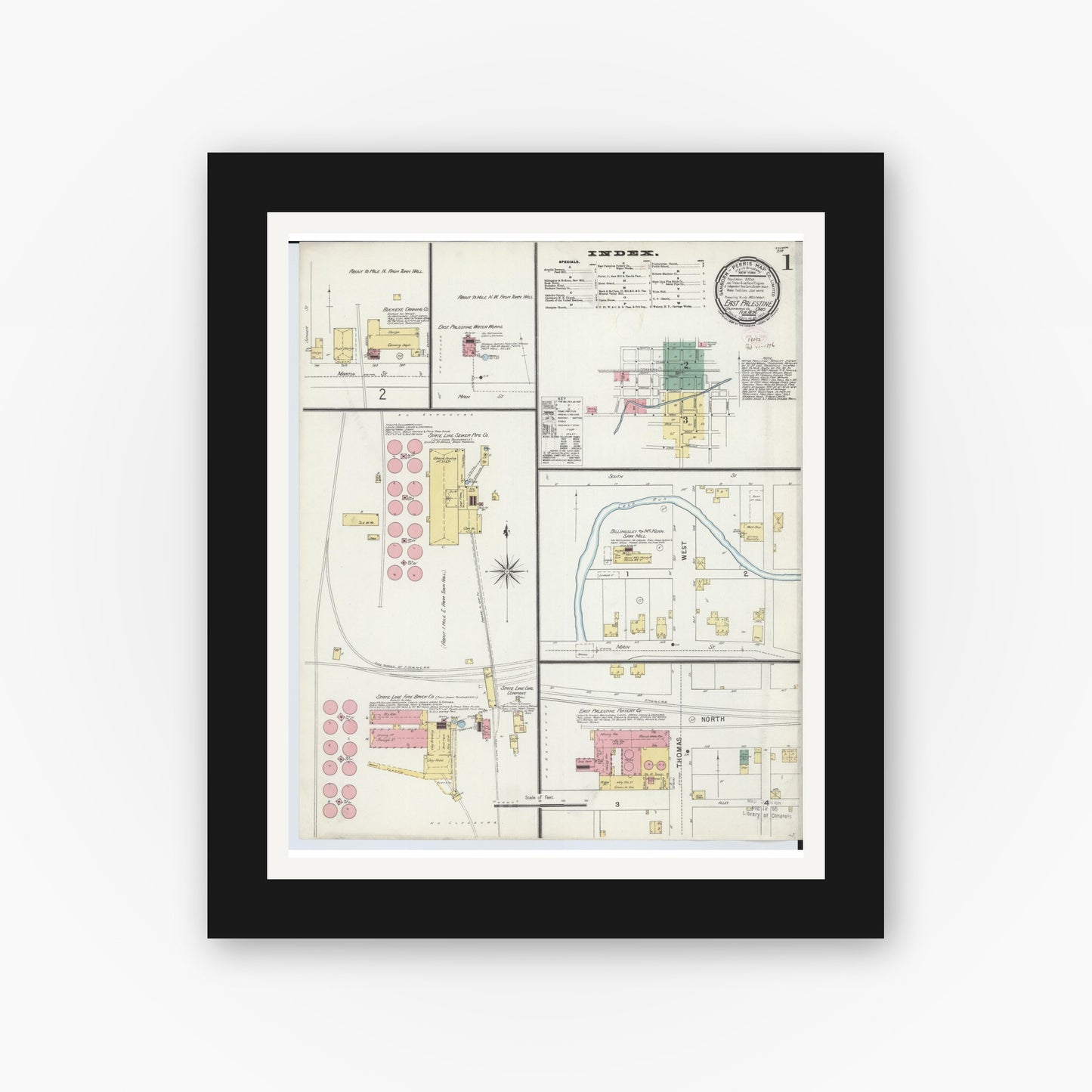 Old map wall art mockup — black gallery frame with white mat — Sanborn Fire Insurance Map from East Palestine, Columbiana County, Ohio (1896), Sheet #0001