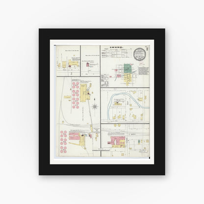 Old map wall art mockup — black gallery frame with white mat — Sanborn Fire Insurance Map from East Palestine, Columbiana County, Ohio (1896), Sheet #0001