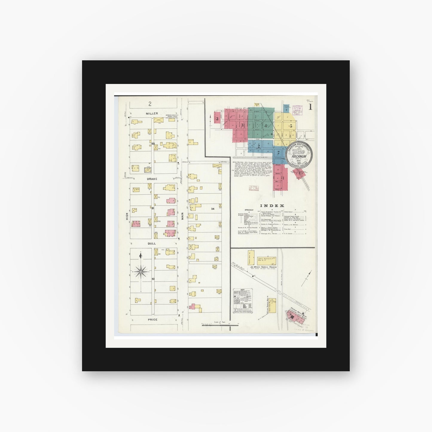 Old map wall art mockup — black gallery frame with white mat — Sanborn Fire Insurance Map from Arcanum, Darke County, Ohio (1907), Sheet #0001