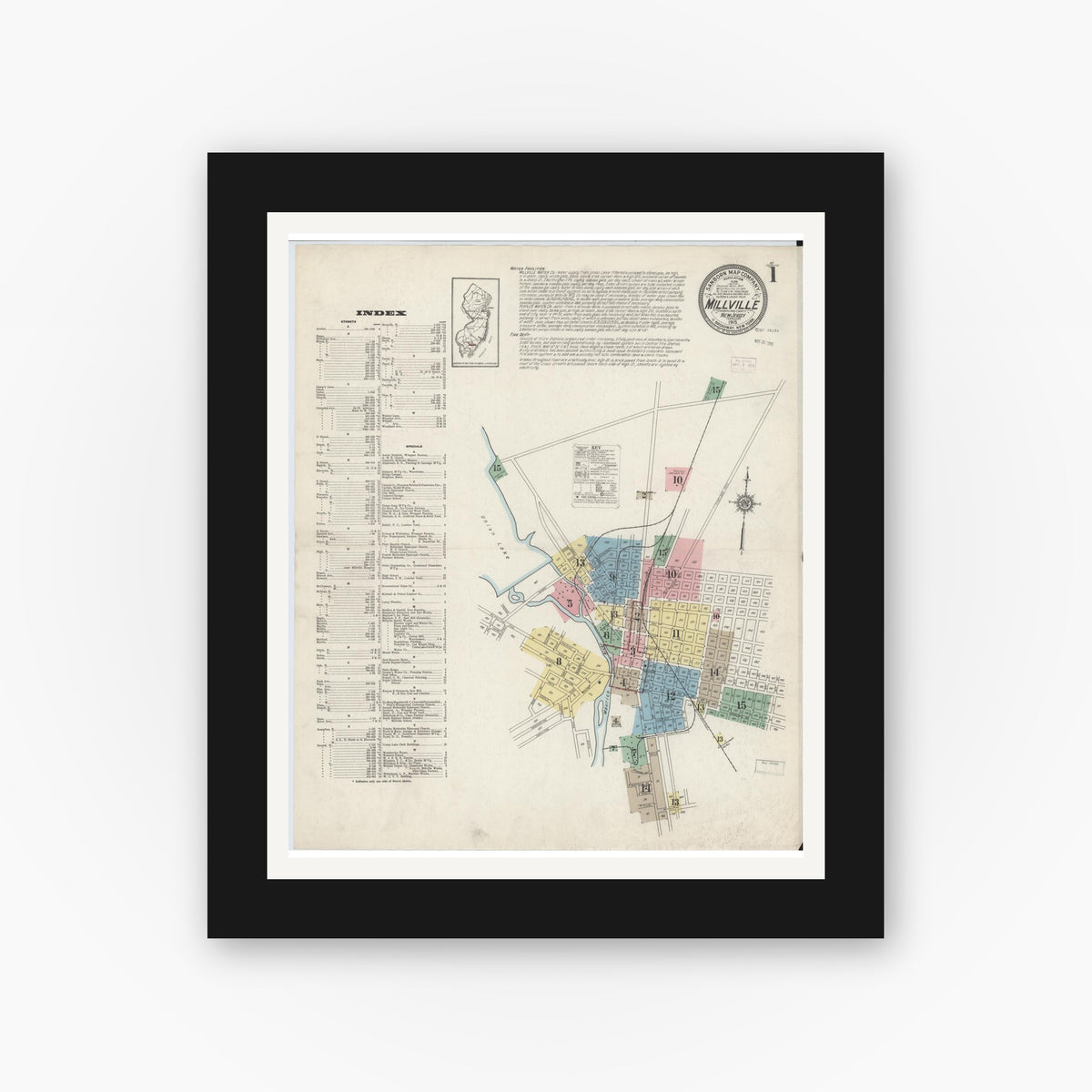 Old map wall art mockup — black gallery frame with white mat — Sanborn Fire Insurance Map from Millville, Cumberland County, New Jersey (1915), Sheet #0001