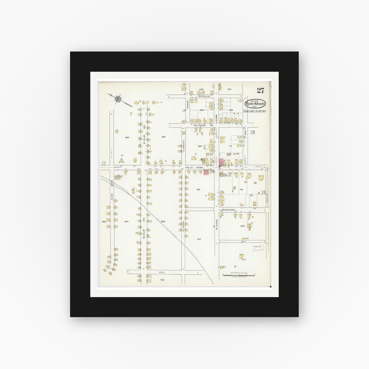 Old map wall art mockup — black gallery frame with white mat — Sanborn Fire Insurance Map from Rocky Mount, Edgecombe And Nash Counties, North Carolina (1917), Sheet #0027