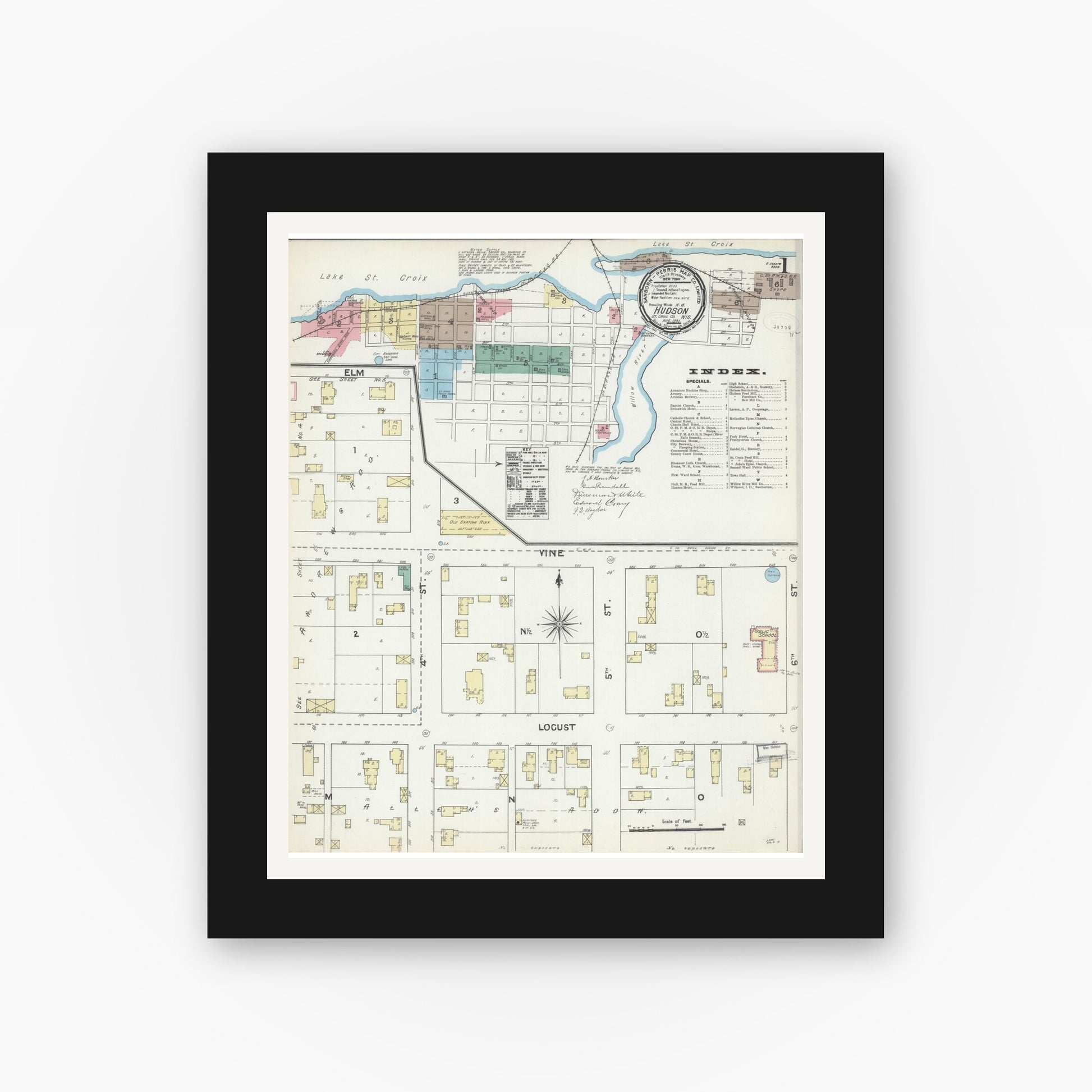 Old map wall art mockup — black gallery frame with white mat — Sanborn Fire Insurance Map from Hudson, St. Croix County, Wisconsin (1891) - Complete Map Set