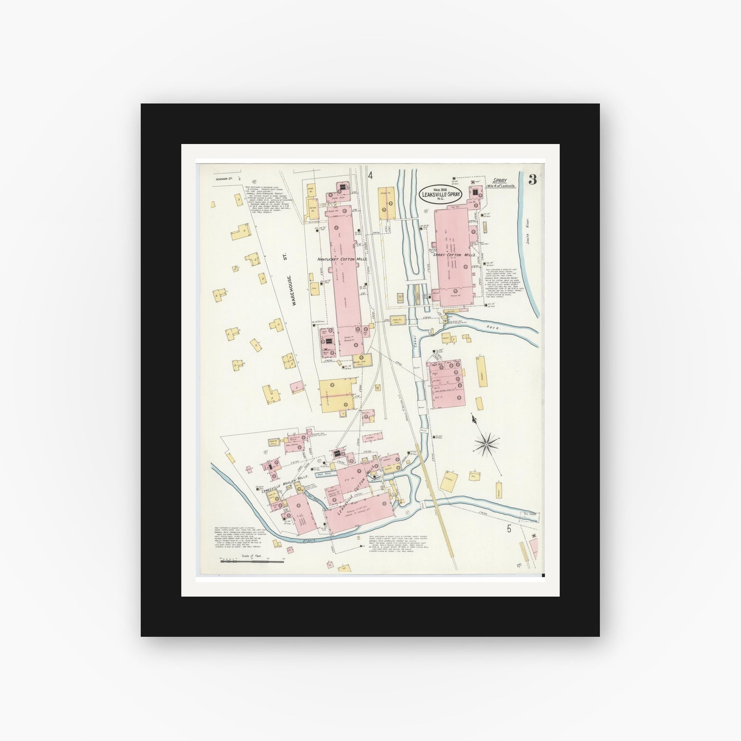 Old map wall art mockup — black gallery frame with white mat — Sanborn Fire Insurance Map from Leaksville-spray, Rockingham County, North Carolina (1908), Sheet #0003