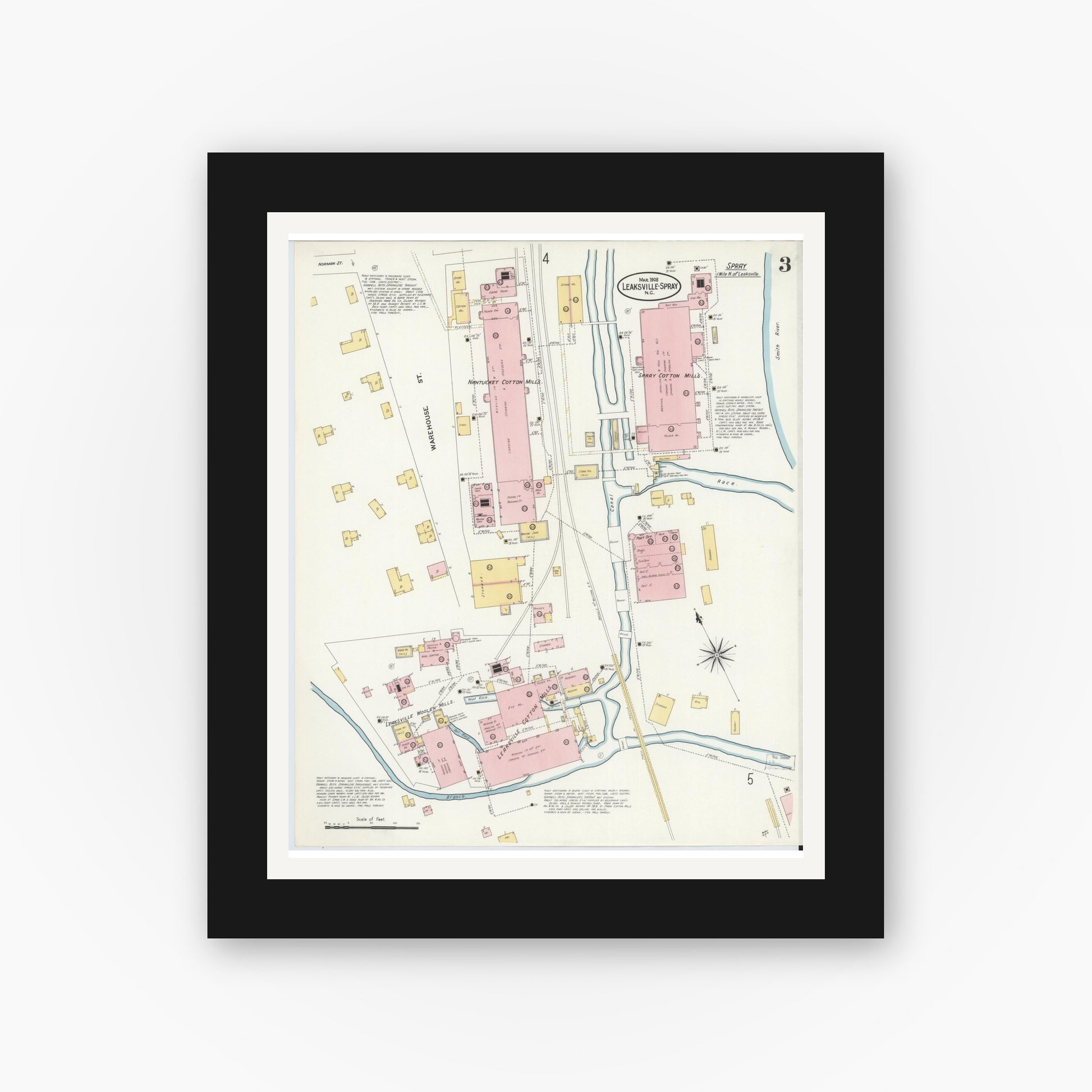 Old map wall art mockup — black gallery frame with white mat — Sanborn Fire Insurance Map from Leaksville-spray, Rockingham County, North Carolina (1908), Sheet #0003