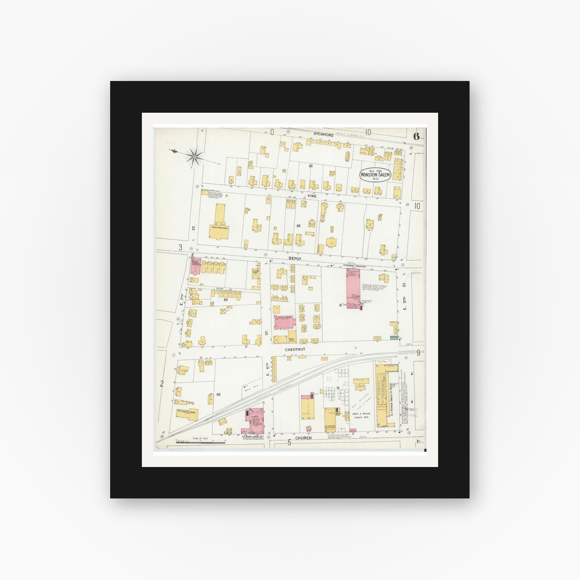 Old map wall art mockup — black gallery frame with white mat — Sanborn Fire Insurance Map from Winston-Salem, Forsyth County, North Carolina (1900), Sheet #0006
