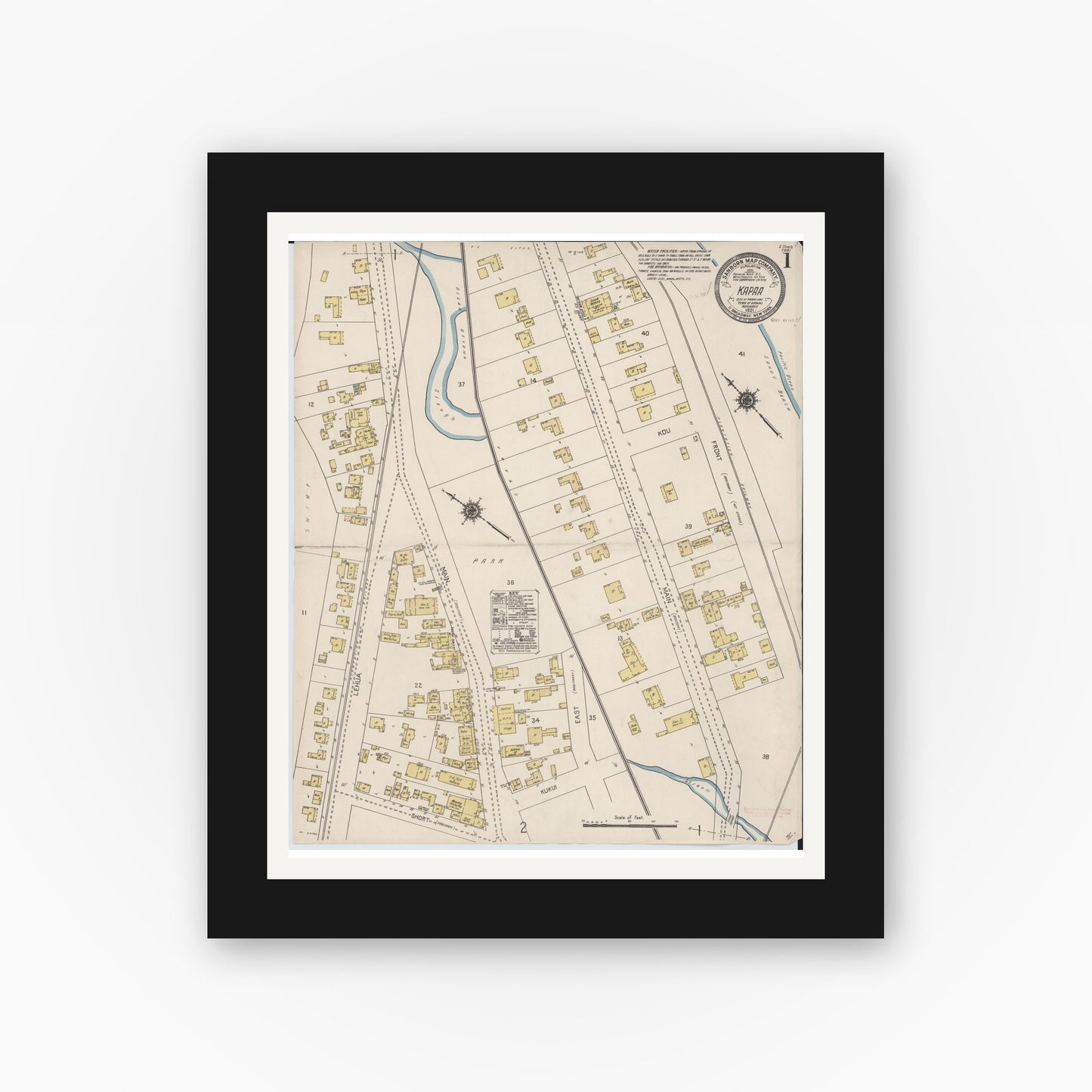 Old map wall art mockup — black gallery frame with white mat — Sanborn Fire Insurance Map from Kapaa, Kauai County, Hawaii (1921), Sheet #0001
