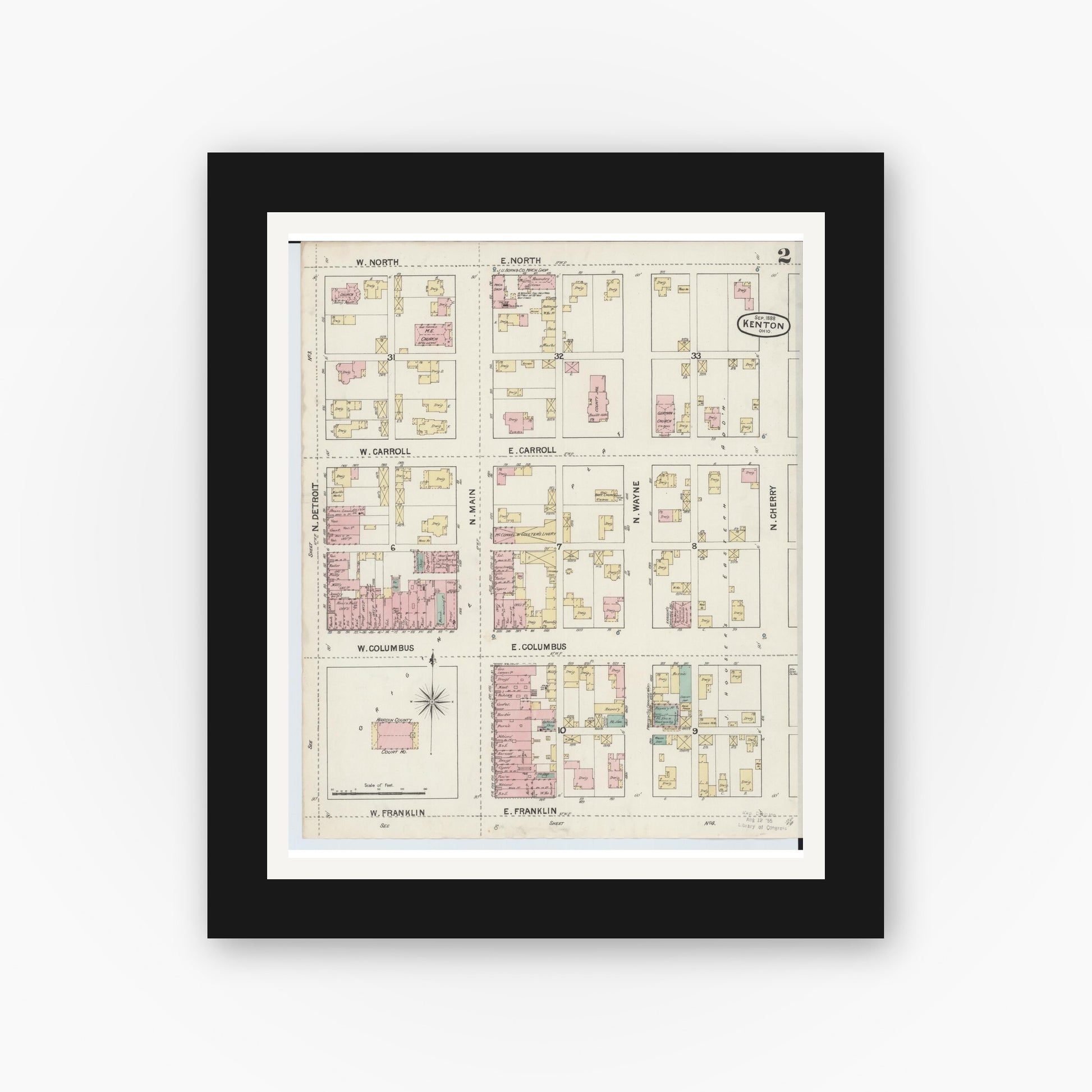 Old map wall art mockup — black gallery frame with white mat — Sanborn Fire Insurance Map from Kenton, Hardin County, Ohio (1888), Sheet #0002