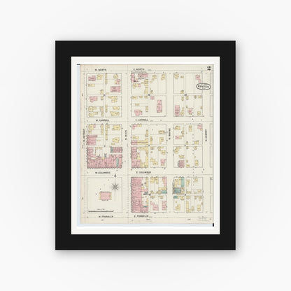 Old map wall art mockup — black gallery frame with white mat — Sanborn Fire Insurance Map from Kenton, Hardin County, Ohio (1888), Sheet #0002