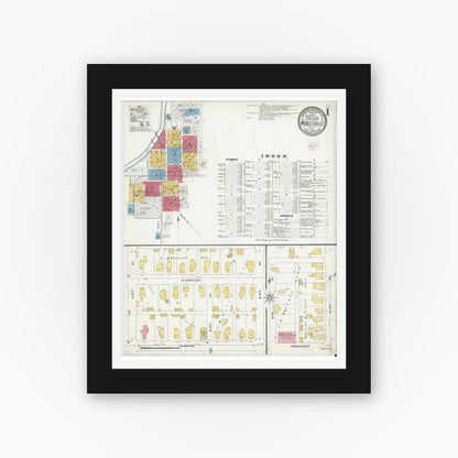 Old map wall art mockup — black gallery frame with white mat — Sanborn Fire Insurance Map from Noblesville, Hamilton County, Indiana (1905), Sheet #0001