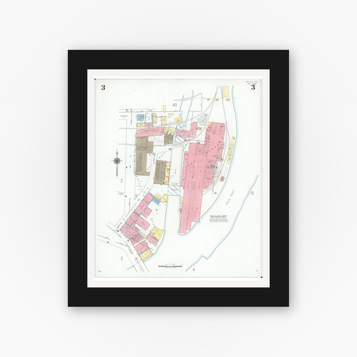 Old map wall art mockup — black gallery frame with white mat — Sanborn Fire Insurance Map from Beloit, Rock County, Wisconsin (1939), Sheet #0003