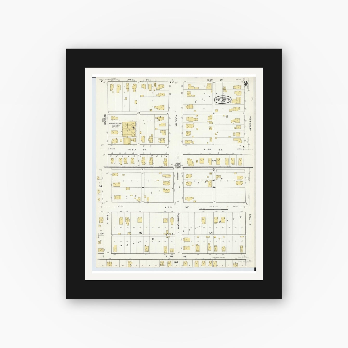 Old map wall art mockup — black gallery frame with white mat — Sanborn Fire Insurance Map from Port Clinton, Ottawa County, Ohio (1916), Sheet #0009