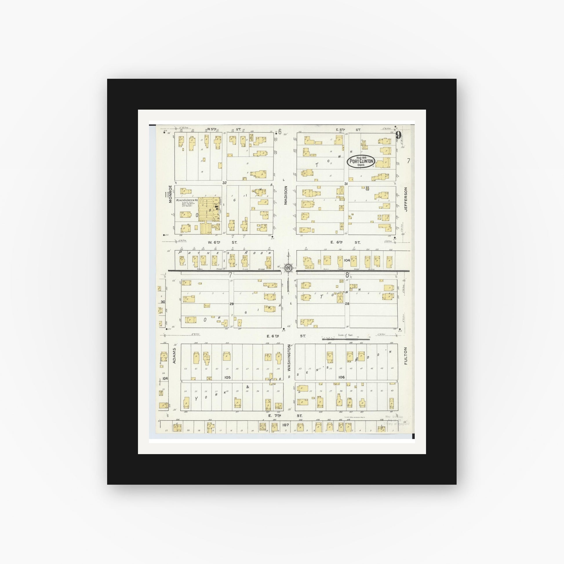 Old map wall art mockup — black gallery frame with white mat — Sanborn Fire Insurance Map from Port Clinton, Ottawa County, Ohio (1916), Sheet #0009