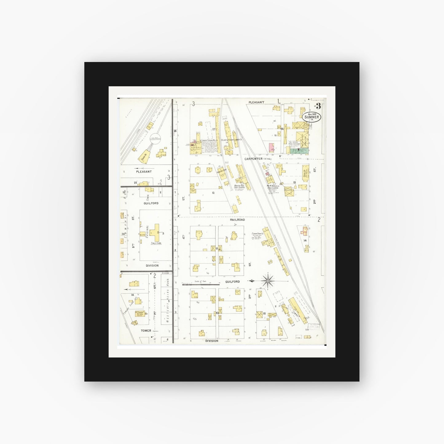 Old map wall art mockup — black gallery frame with white mat — Sanborn Fire Insurance Map from Sumner, Bremer County, Iowa (1900), Sheet #0003