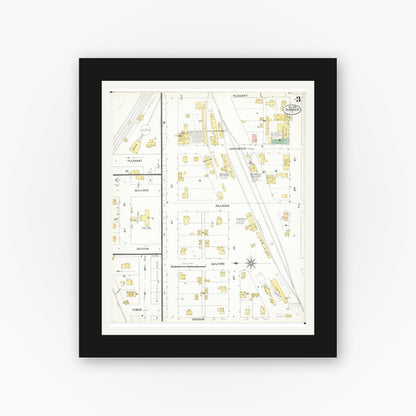 Old map wall art mockup — black gallery frame with white mat — Sanborn Fire Insurance Map from Sumner, Bremer County, Iowa (1900), Sheet #0003