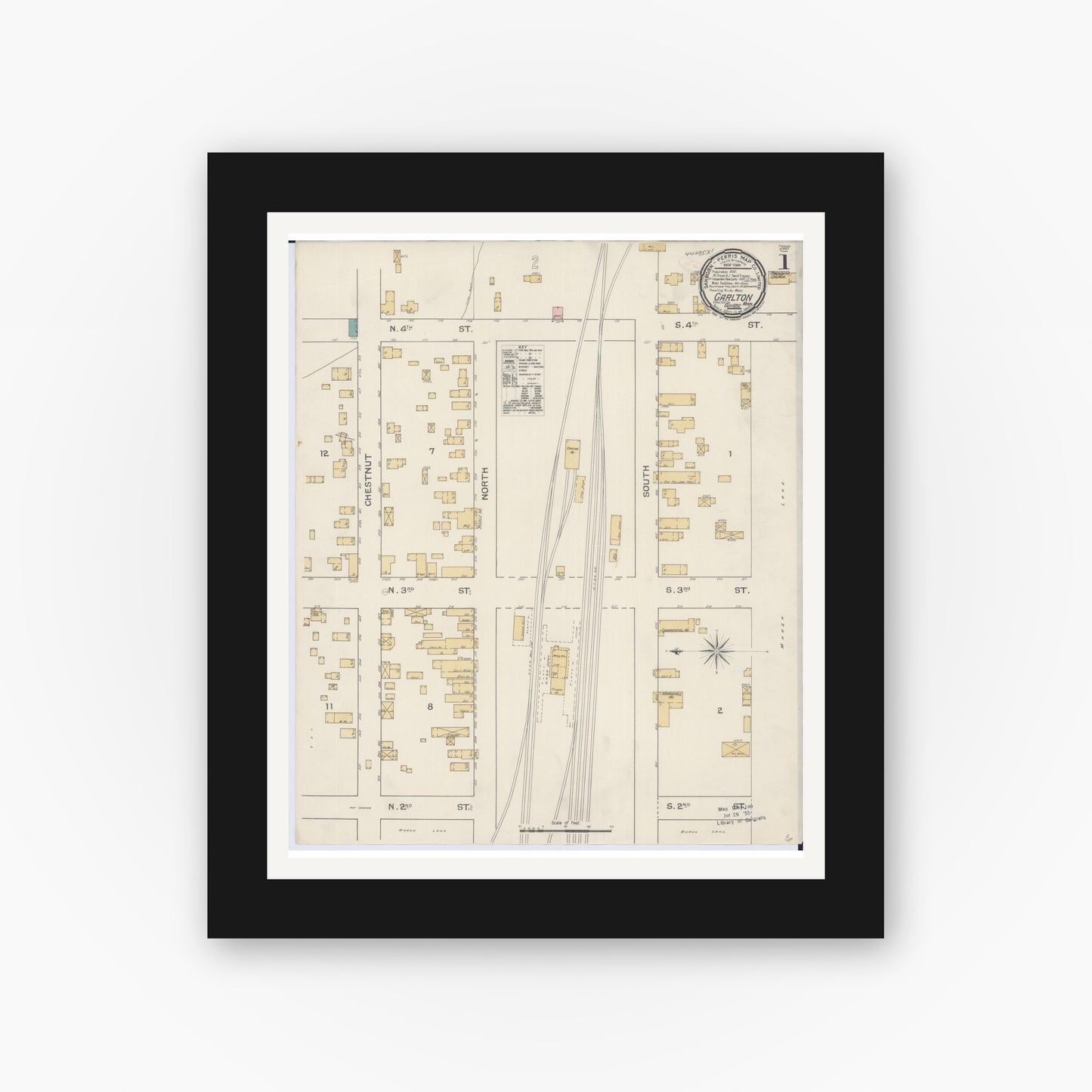 Old map wall art mockup — black gallery frame with white mat — Sanborn Fire Insurance Map from Carlton, Carlton County, Minnesota (1892) - Complete Map Set