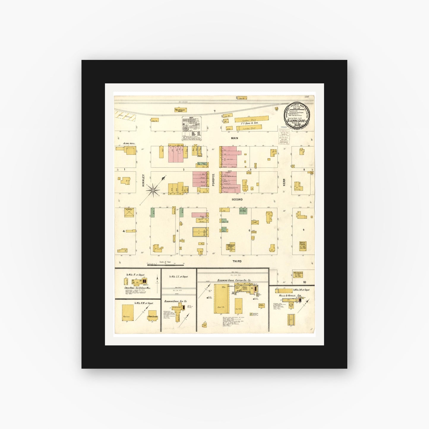 Old map wall art mockup — black gallery frame with white mat — Sanborn Fire Insurance Map from Blooming Grove, Navarro County, Texas (1900), Sheet #0001