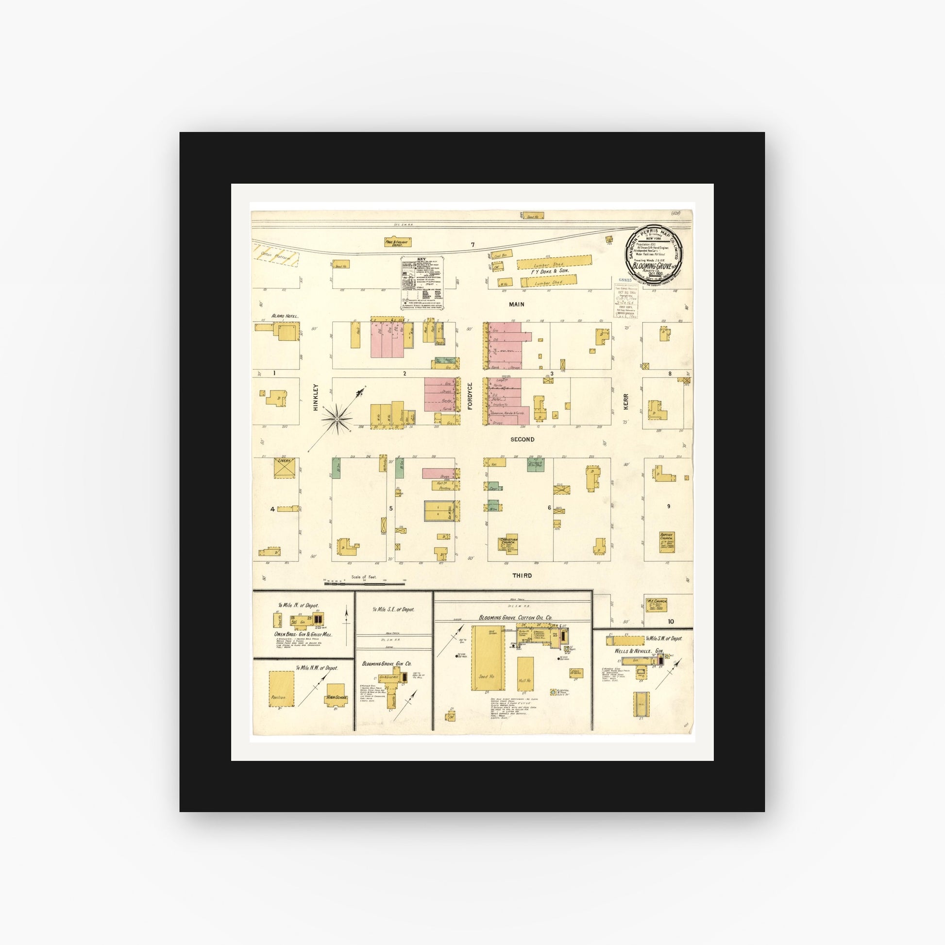 Old map wall art mockup — black gallery frame with white mat — Sanborn Fire Insurance Map from Blooming Grove, Navarro County, Texas (1900), Sheet #0001