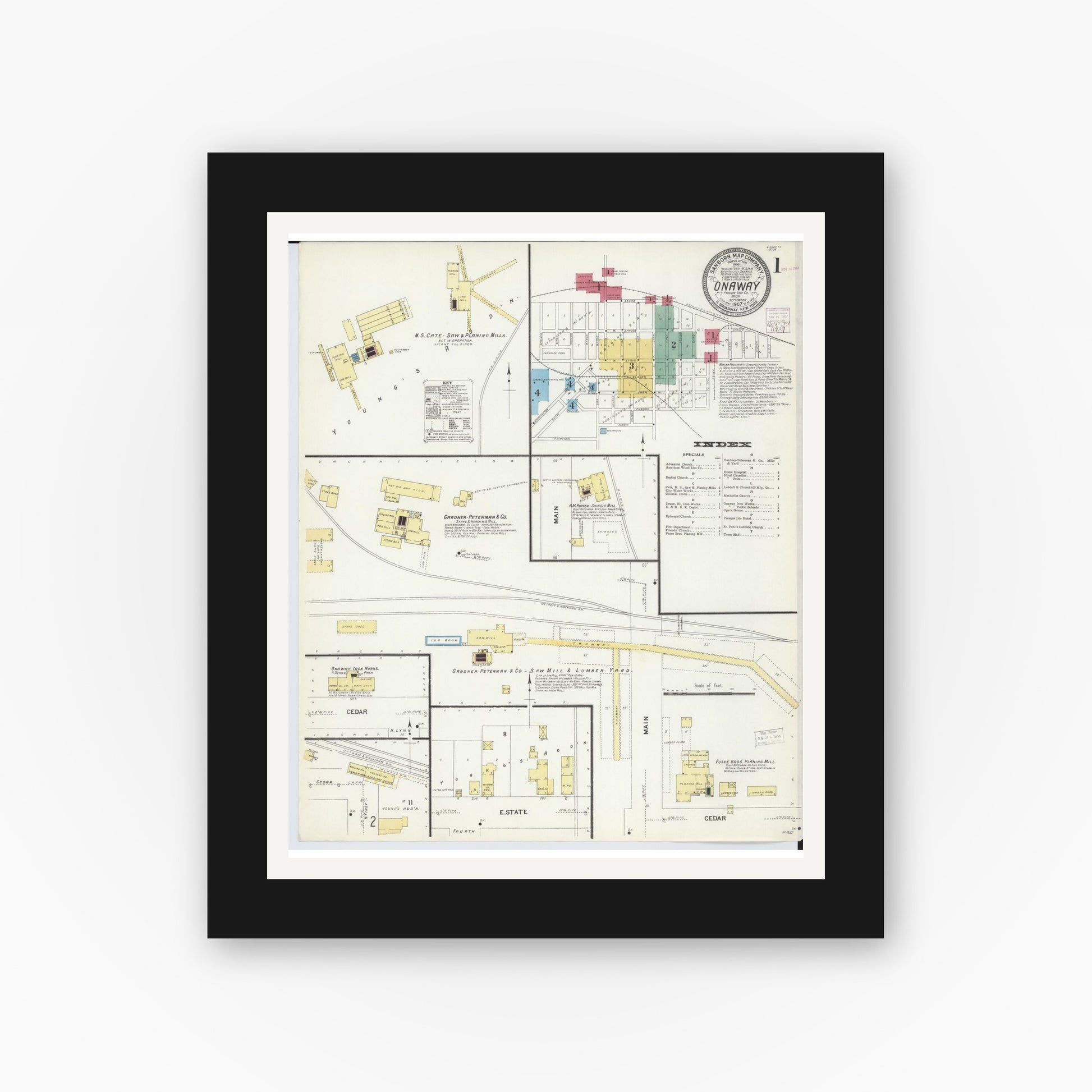 Old map wall art mockup — black gallery frame with white mat — Sanborn Fire Insurance Map from Onaway, Presque Isle County, Michigan (1907) - Complete Map Set