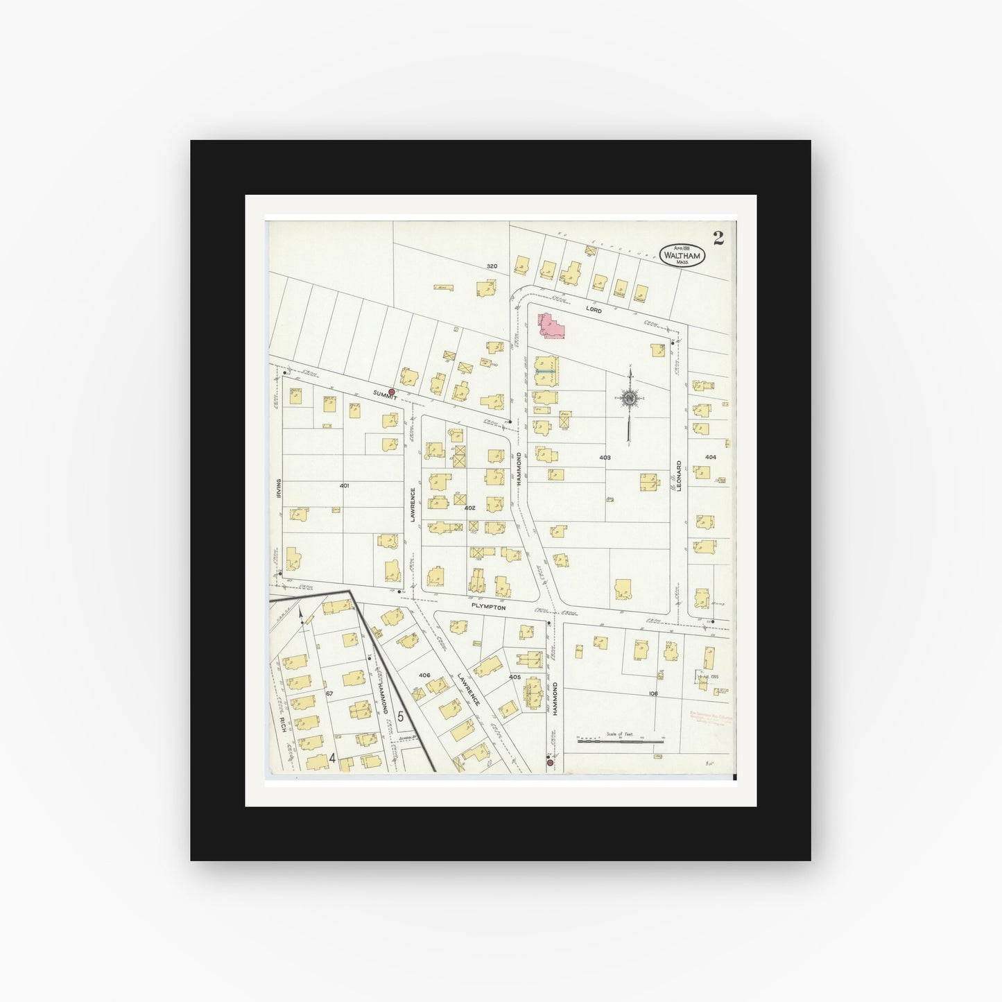Old map wall art mockup — black gallery frame with white mat — Sanborn Fire Insurance Map from Waltham, Middlesex County, Massachusetts (1911), Sheet #0002
