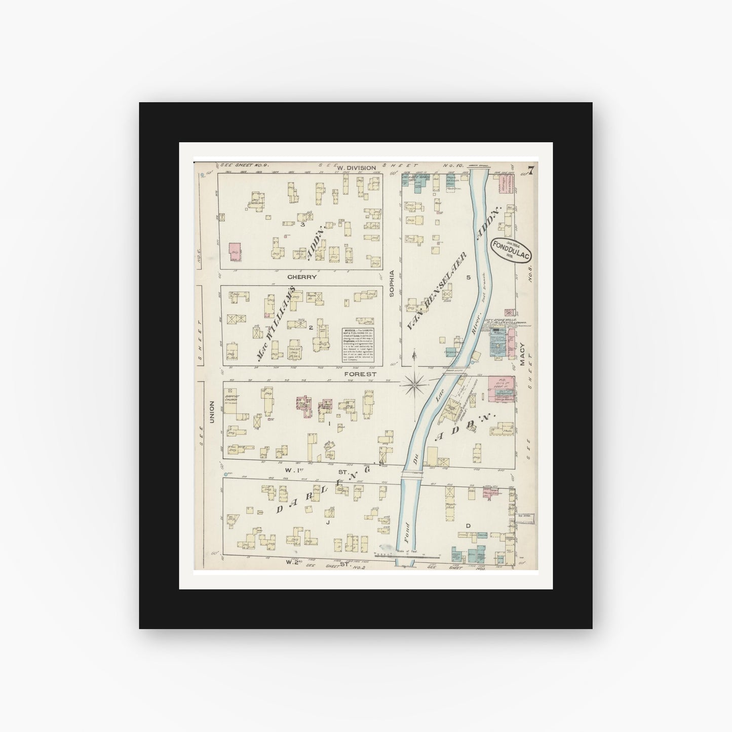 Old map wall art mockup — black gallery frame with white mat — Sanborn Fire Insurance Map from Fond du Lac, Fond du Lac County, Wisconsin (1884), Sheet #0007