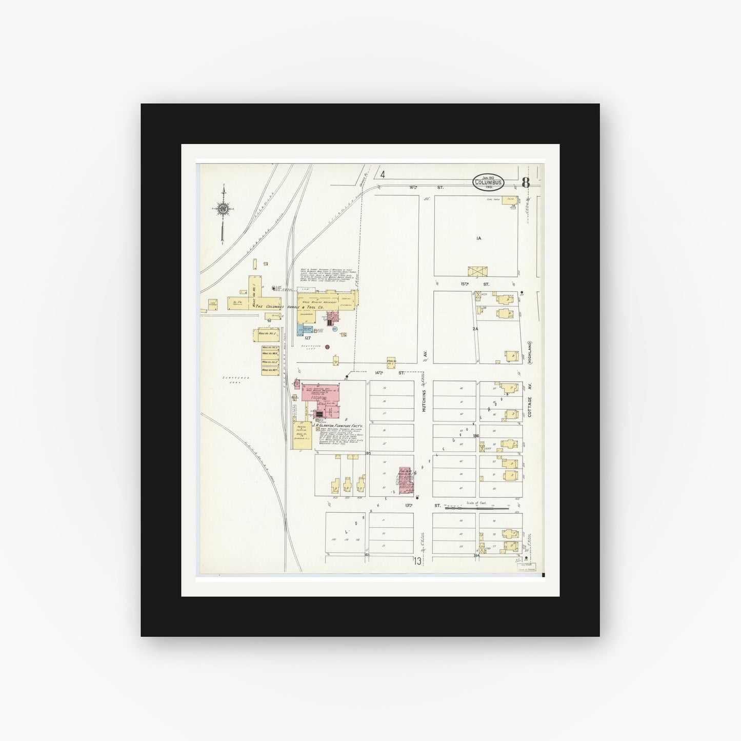 Old map wall art mockup — black gallery frame with white mat — Sanborn Fire Insurance Map from Columbus, Bartholomew County, Indiana (1912), Sheet #0008
