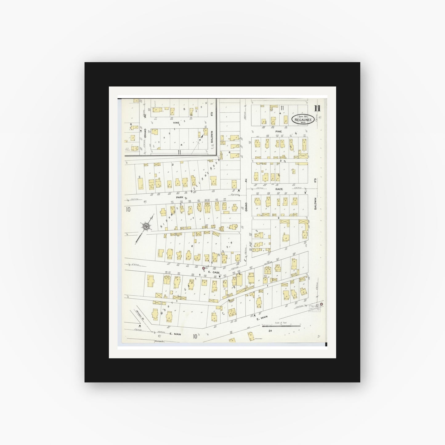 Old map wall art mockup — black gallery frame with white mat — Sanborn Fire Insurance Map from Negaunee, Marquette County, Michigan (1911), Sheet #0011
