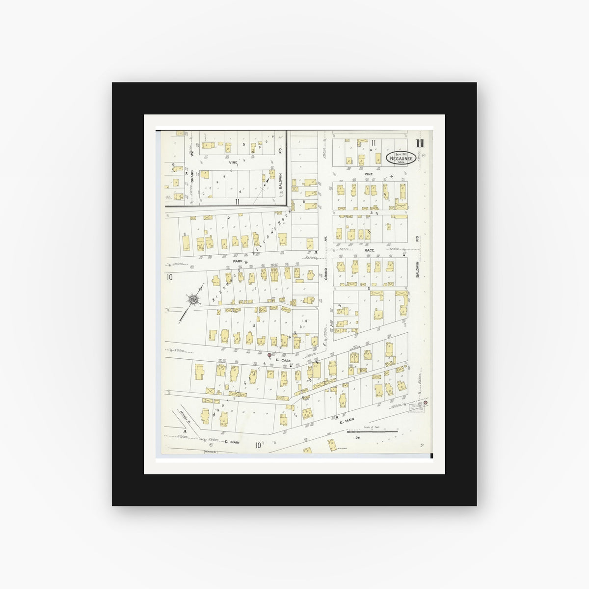 Old map wall art mockup — black gallery frame with white mat — Sanborn Fire Insurance Map from Negaunee, Marquette County, Michigan (1911), Sheet #0011