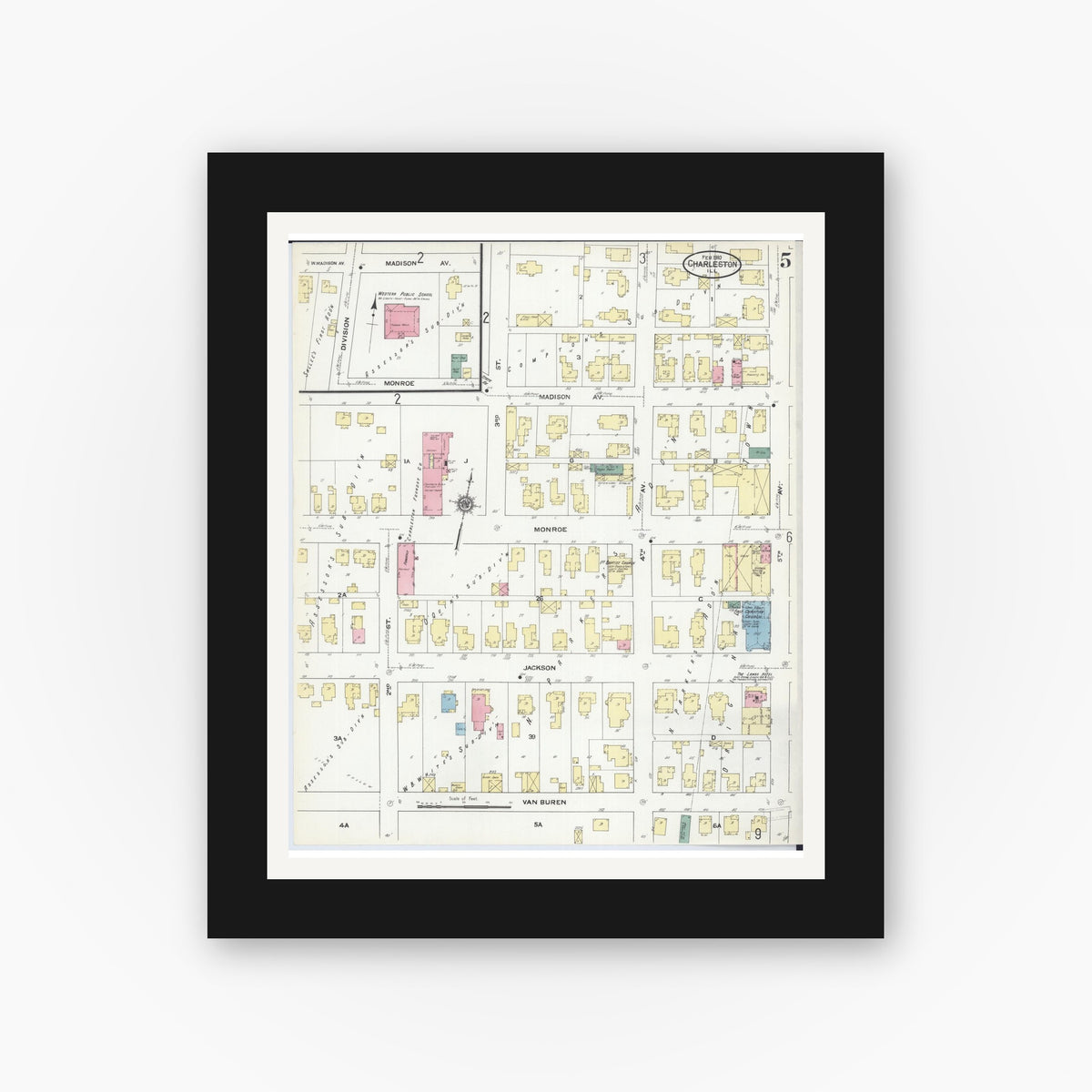 Old map wall art mockup — black gallery frame with white mat — Sanborn Fire Insurance Map from Charleston, Coles County, Illinois (1910), Sheet #0005