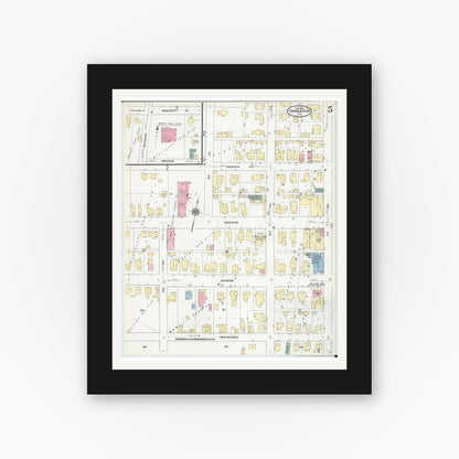 Old map wall art mockup — black gallery frame with white mat — Sanborn Fire Insurance Map from Charleston, Coles County, Illinois (1910), Sheet #0005