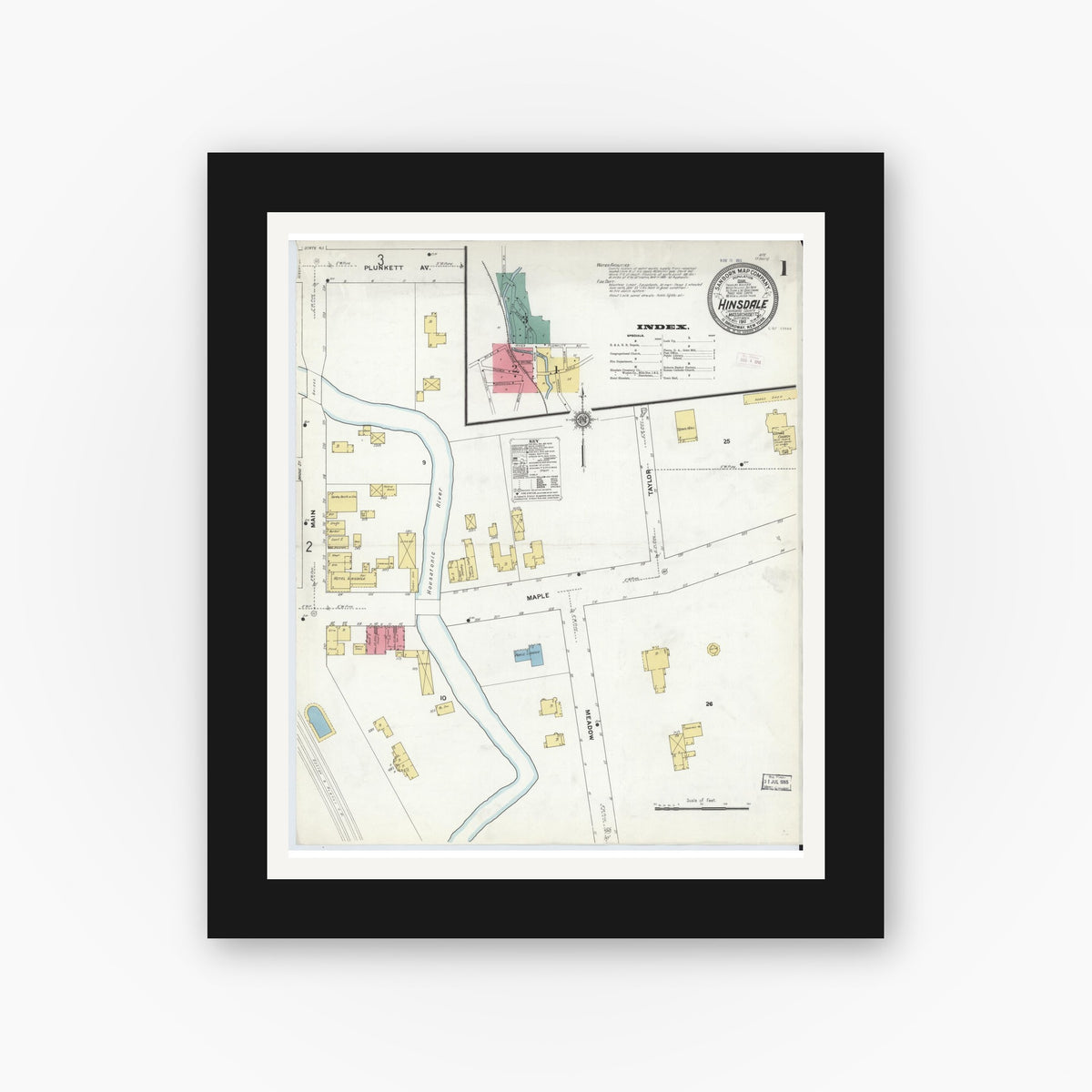 Old map wall art mockup — black gallery frame with white mat — Sanborn Fire Insurance Map from Hinsdale, Berkshire County, Massachusetts (1911), Sheet #0001