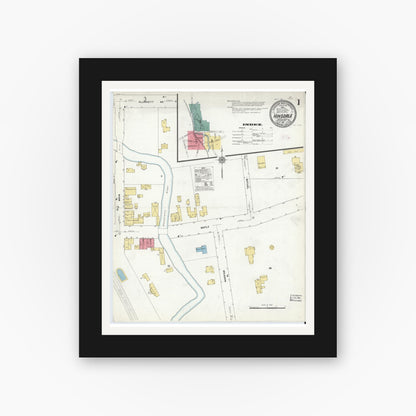 Old map wall art mockup — black gallery frame with white mat — Sanborn Fire Insurance Map from Hinsdale, Berkshire County, Massachusetts (1911), Sheet #0001